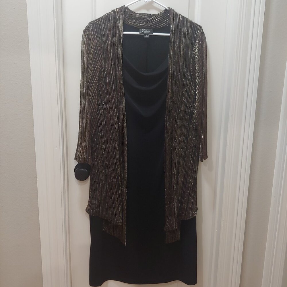 Dress Barn Collection Black Dress & Gold Metallic Sheer Cardigan Plus Size 16W